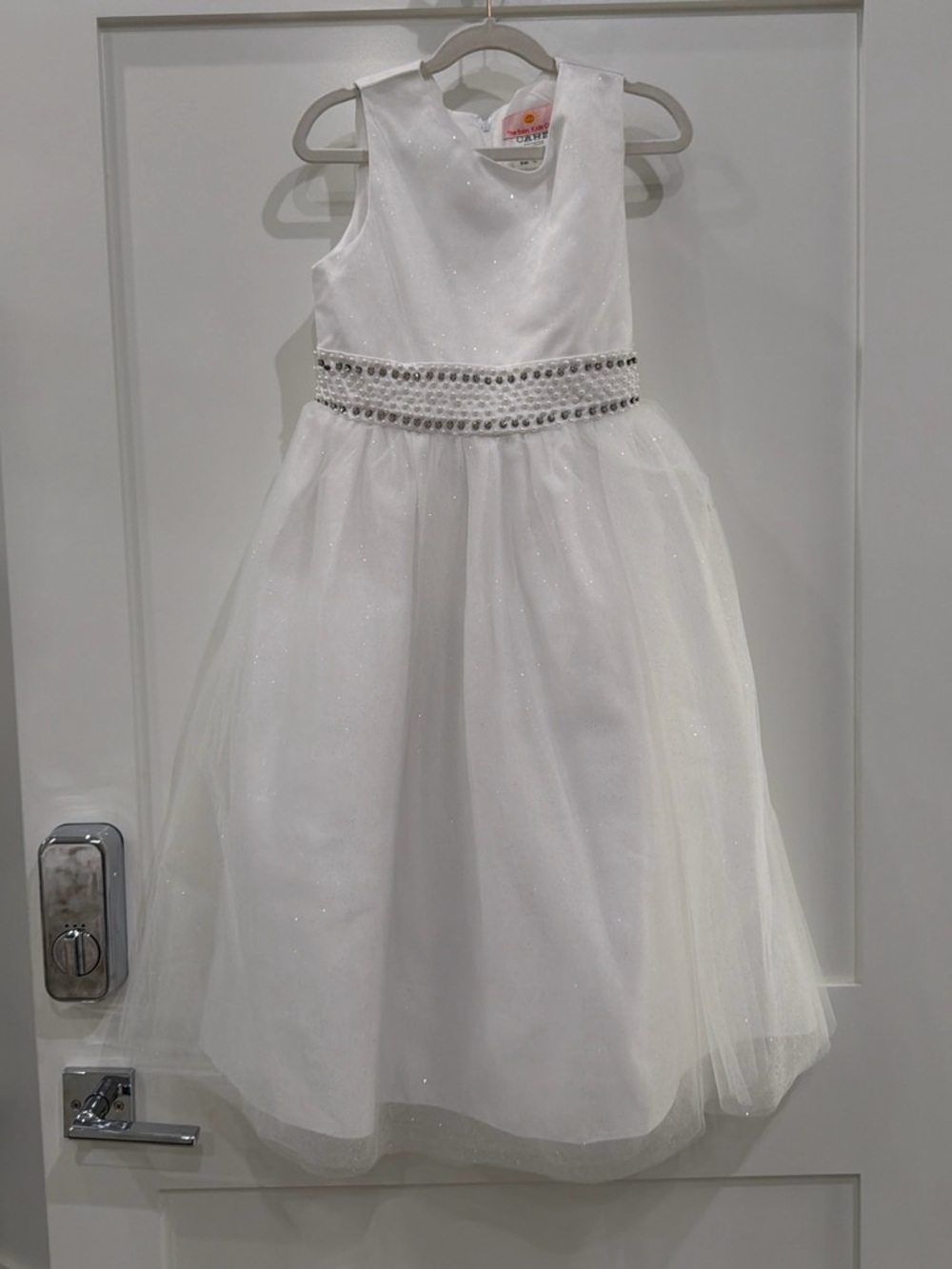 Girls White Sparkle Tulle Formal Dress with Jeweled Waist